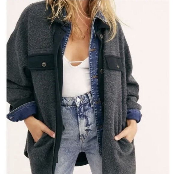 Free People Jackets & Blazers - Free People Ruby Jacket M Shirt Shacket Grey Distressed Oversized Button Up